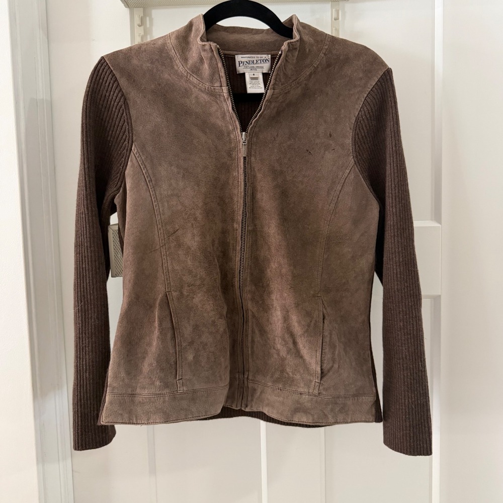 Vintage Pendleton Brown Suede Leather & Merino Wool Knit Zip Up Jacket Women's S